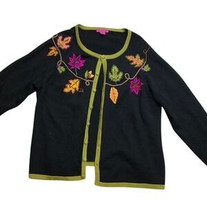 Bobbie Bell Womens Black Embroidered Leaf Cardigan Sweater Size XXL